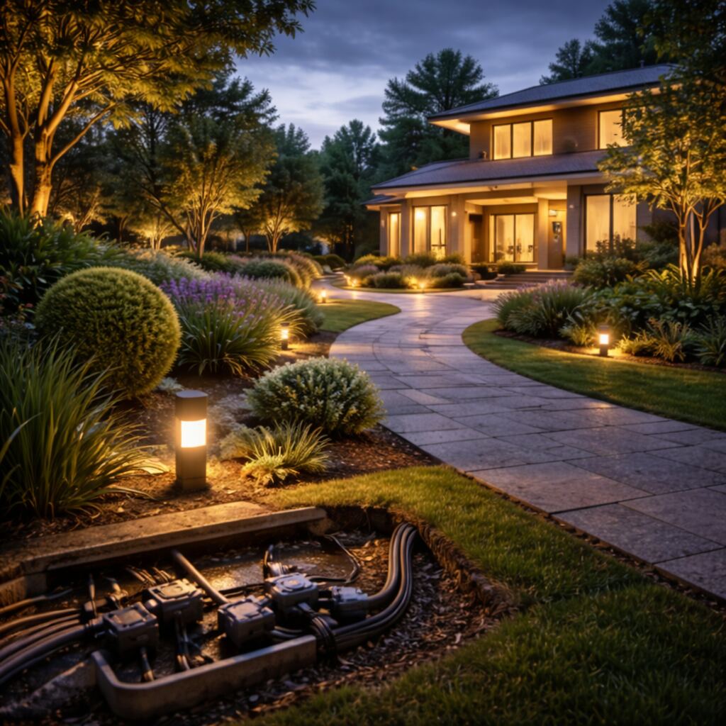 Outdoor lighting for gardens, businesses and public areas with safe underground wiring